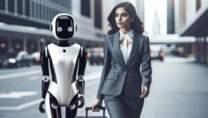 Une image centrée sur une femme d'affaires sud-asiatique en voyage. Elle est élégamment vêtue d'un tailleur et tient une valise à roulettes dans une main. Elle semble concentrée et marche d'un pas vif. Ses traits du visage suggèrent qu'elle pourrait être en train de chercher des directions. À ses côtés, il y a un assistant robotique moderne qui la guide à travers une ville inconnue. L'assistant robotique a un design élégant, est légèrement plus petit que la femme et possède un écran numérique affichant potentiellement des détails de navigation. - Automatisation